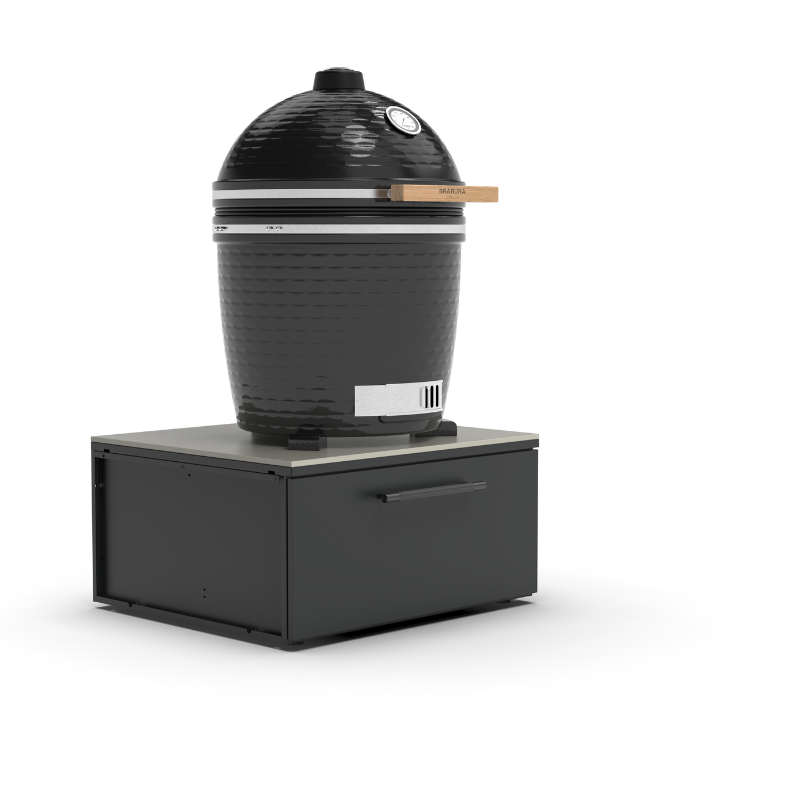 Sort udekøkken med gasgrill, køleskab og kamado