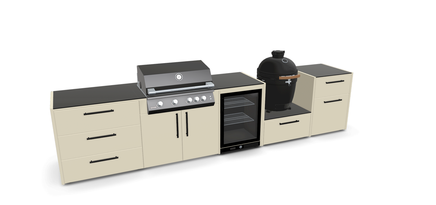 Sort udekøkken med gasgrill, køleskab og kamado
