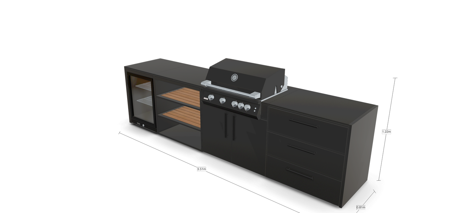 Sort udekøkken med køleskab og gasgrill