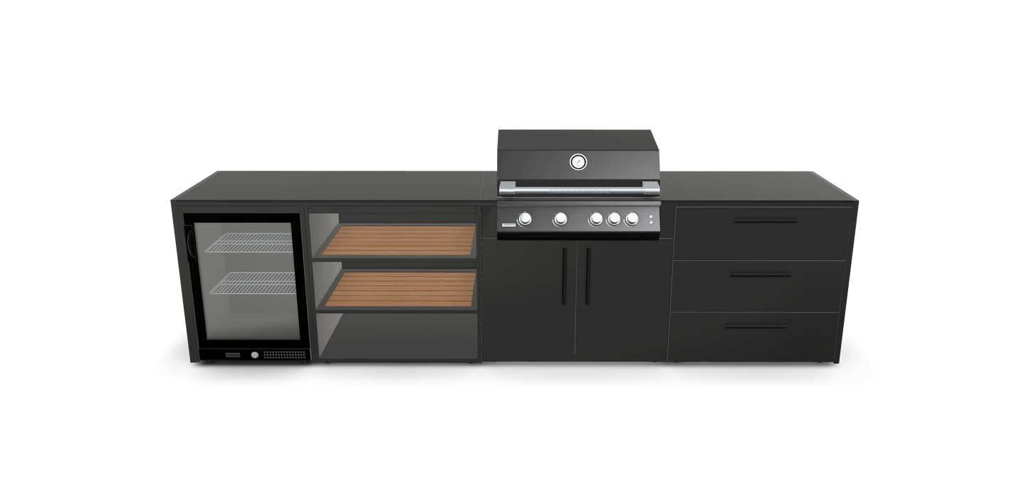 Sort udekøkken med køleskab og gasgrill
