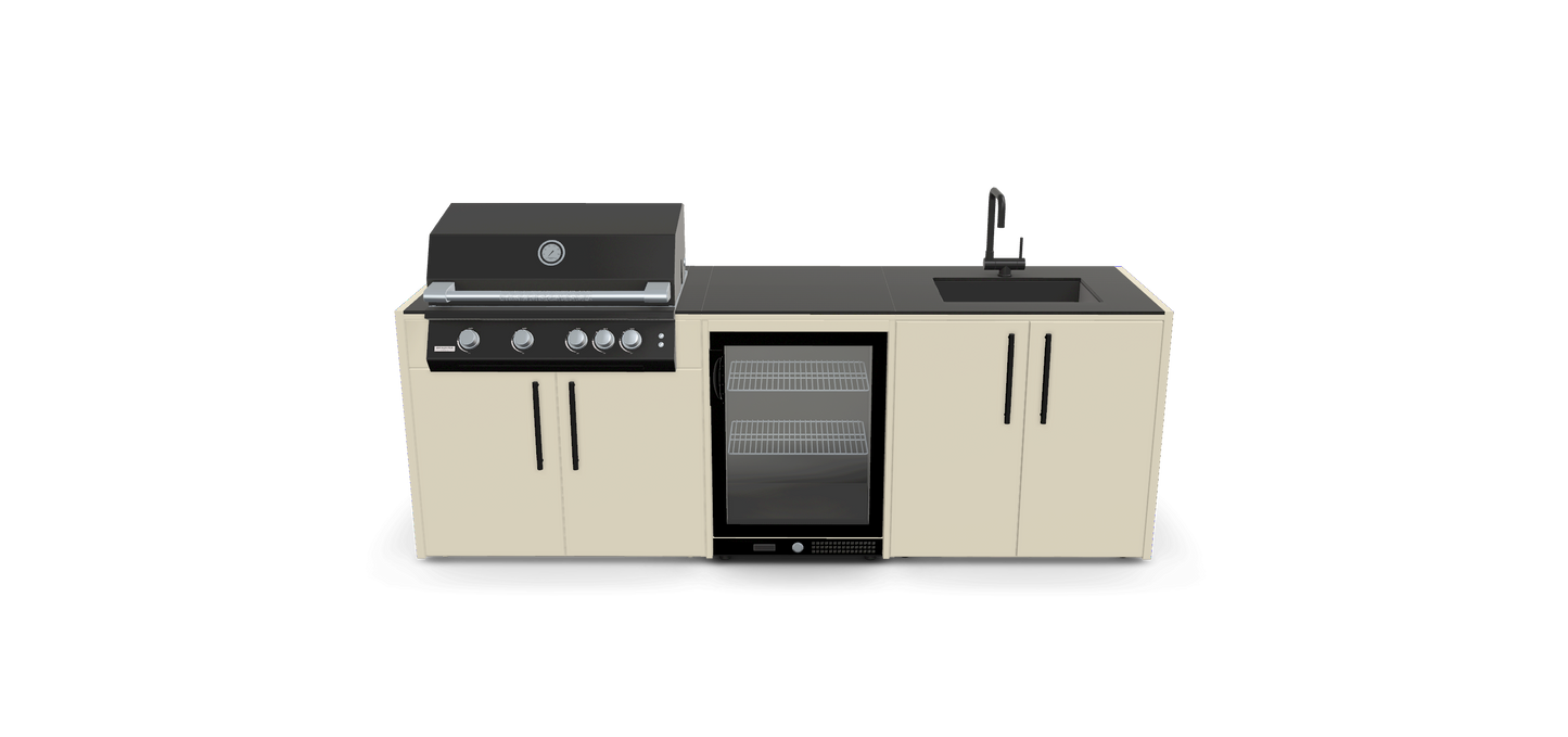 Sort udekøkken med vask, køleskab og gasgrill