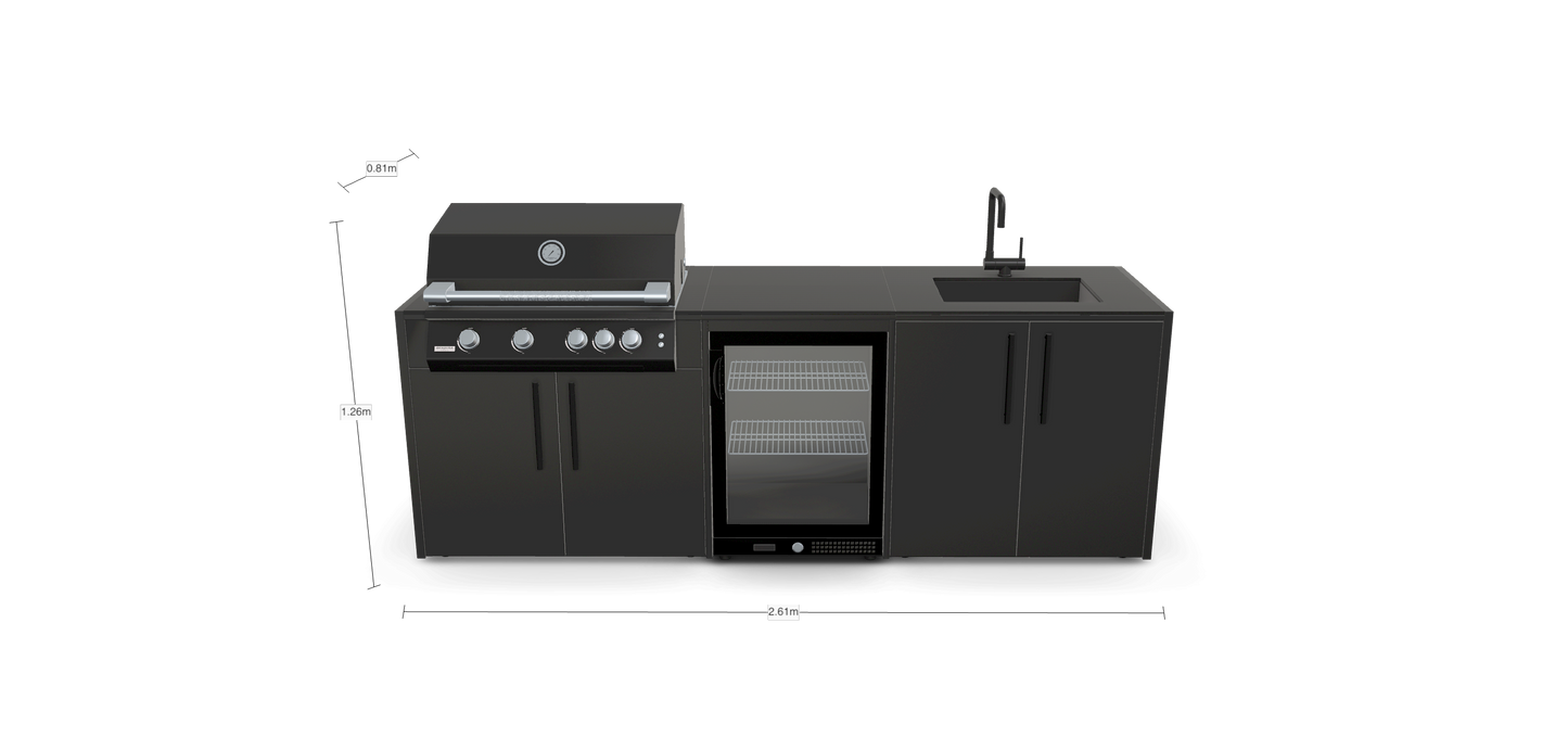 Sort udekøkken med vask, køleskab og gasgrill