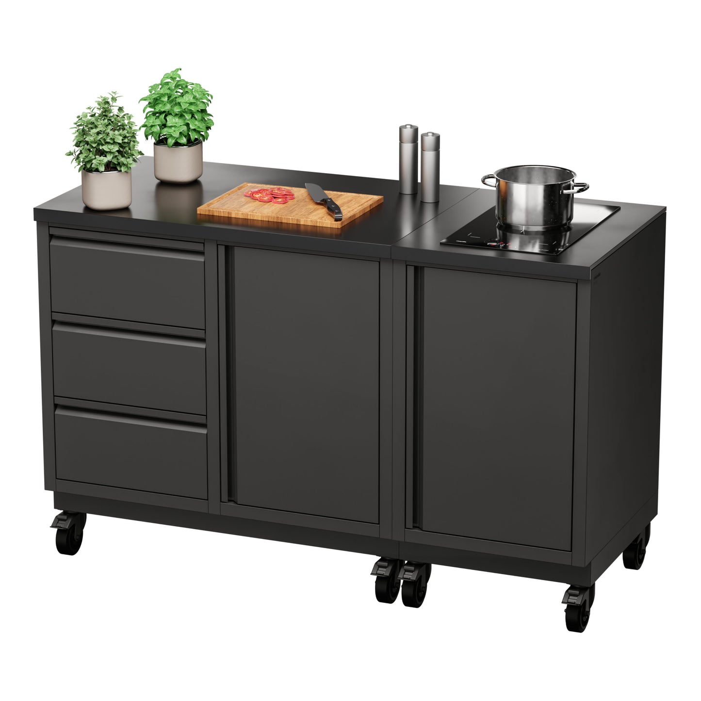 Mobilt udekøkken i rustfrit stål med kogeplade og opbevaring