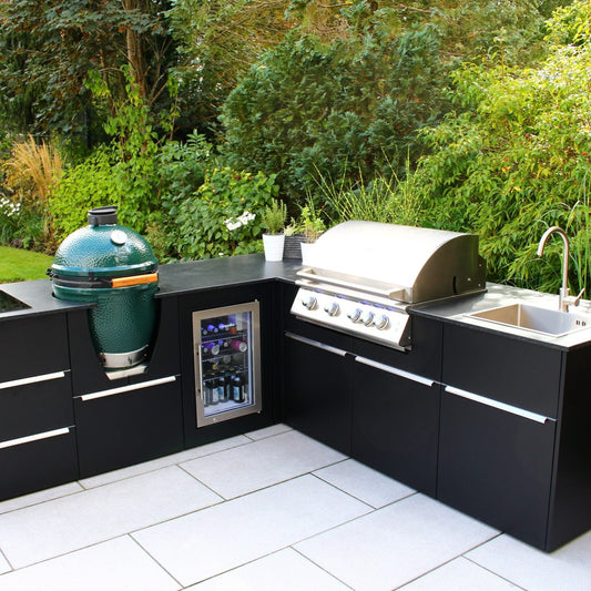 Elements 351: Stort udekøkken med vask, gasgrill, induktionskogeplade, køleskab og Kamado-modul