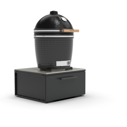 Sort udekøkken med gasgrill, køleskab og kamado