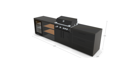 Sort udekøkken med køleskab og gasgrill