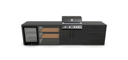 Sort udekøkken med køleskab og gasgrill
