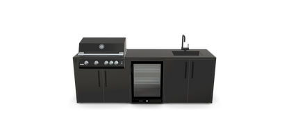 Sort udekøkken med vask, køleskab og gasgrill
