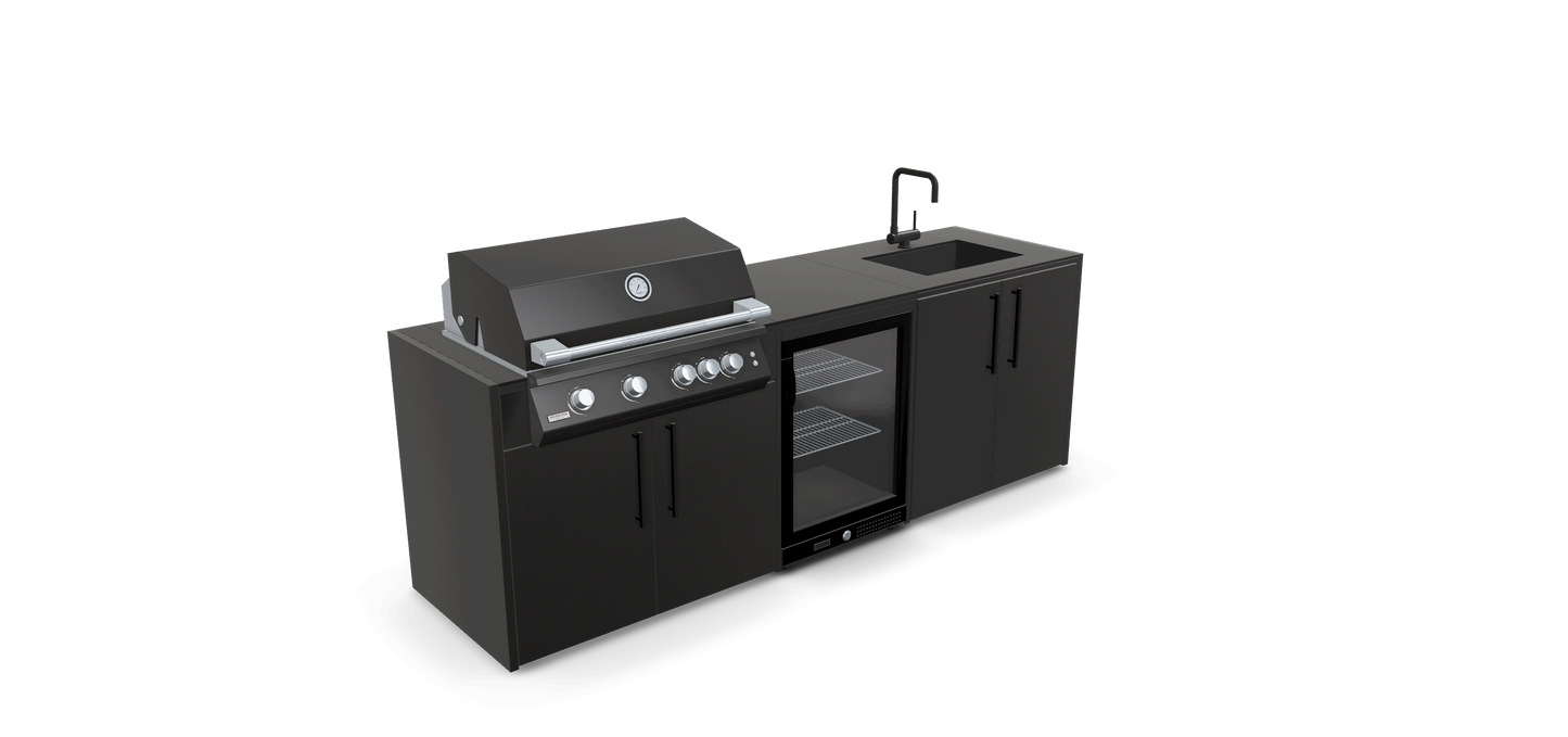 Sort udekøkken med vask, køleskab og gasgrill