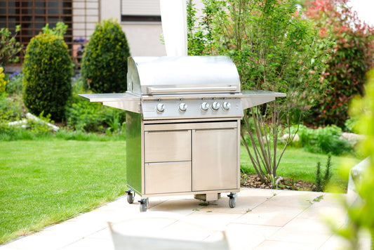 Vivandio FyreX gasgrill i rustfrit stål: med skabe, hjul og sideborde
